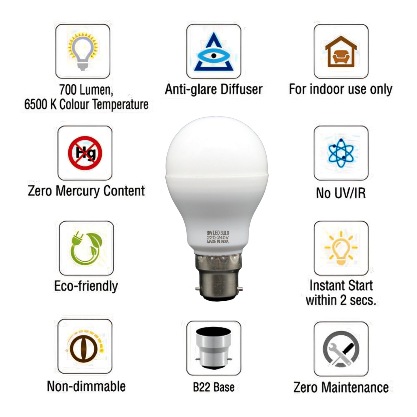 9 Watt LED Bulb (Cool Day White) - Pack of 8