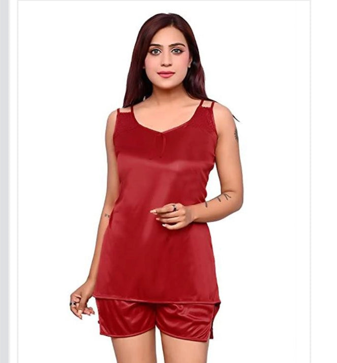 Satin Nightdress Set for Women (Red, M)