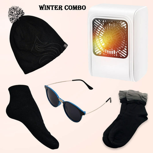 Winter Warm Set- Bennie Hat Room Heater Sunglasses And Socks (5 Pcs Combo)