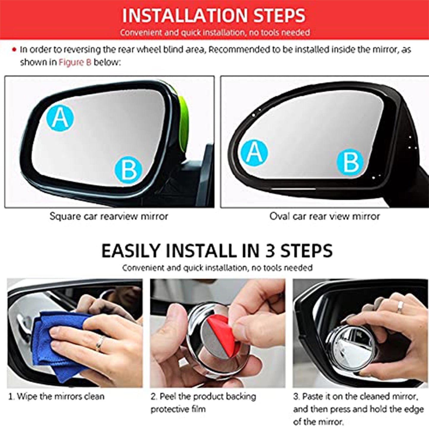 360degree Blind Spot Round Wide Angle Adjustable Convex Rear View Mirror - Pack Of 2