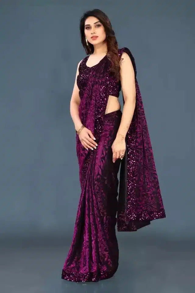 Lycra Sequence Saree for Women (Navy Blue, 6.3 m)