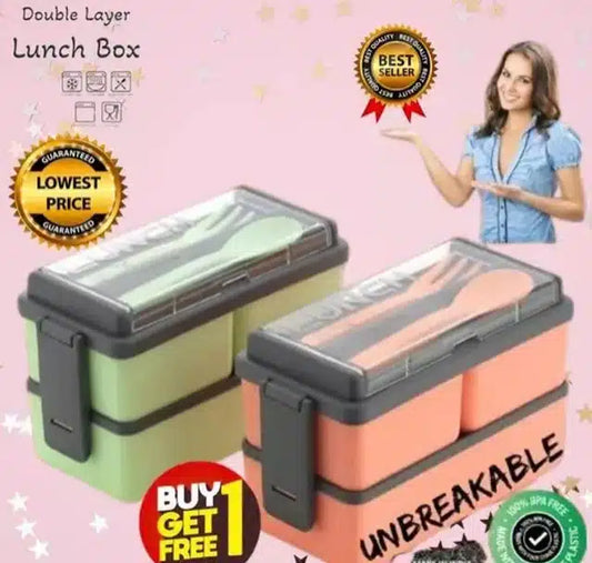 Plastic Lunchbox with Spoon & Fork (Green & Peach, 1500 ml) (Pack of 2)