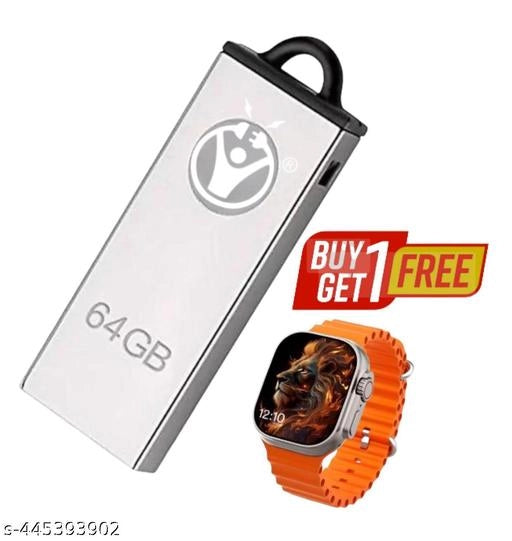 64 Gb Pendrive With T8000 Smart Watch (Silver & Orange, Set of 2)