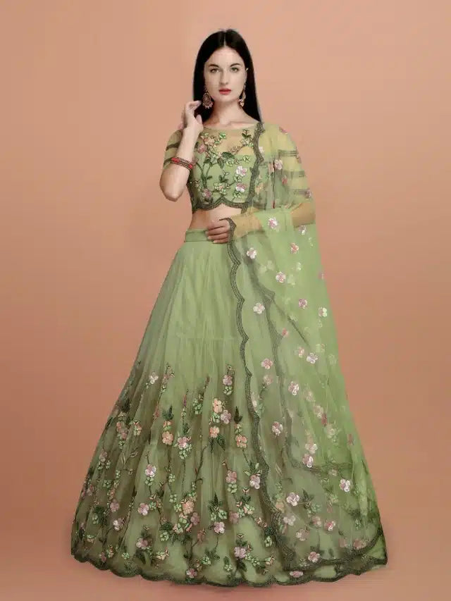 Net Embroidred Semi Stiched Lehenga Choli for Women (Green)