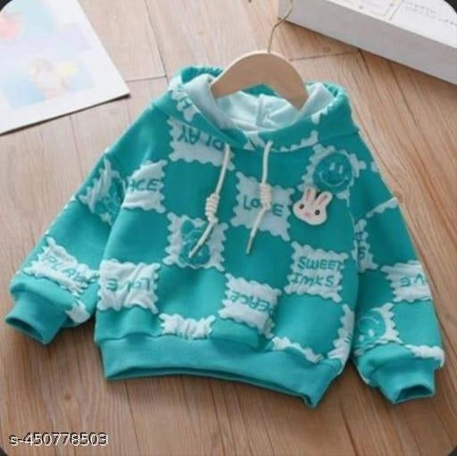 Woolen Printed Hoodie for Girls (Turquoise, 0-1 Years)