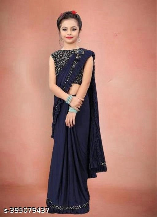 Lycra Solid Saree for Girls (Navy Blue, 3-4 Years)