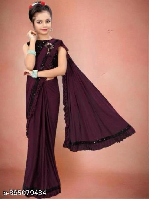 Lycra Solid Saree for Girls (Wine, 13-14 Years)