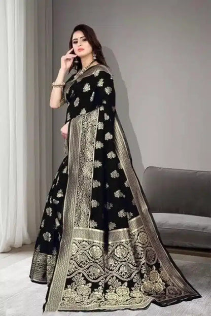 Jacquard Foil Printed Saree for Women (Black, 6.3 m)