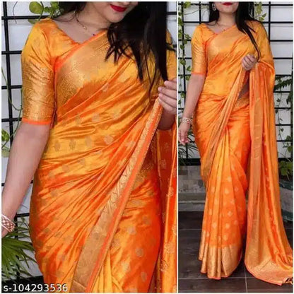 Banarasi Silk Saree With Blouse For Women (Orange, 6.3M)