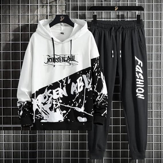 Fleece Printed Tracksuit for Men (Black & White, M)