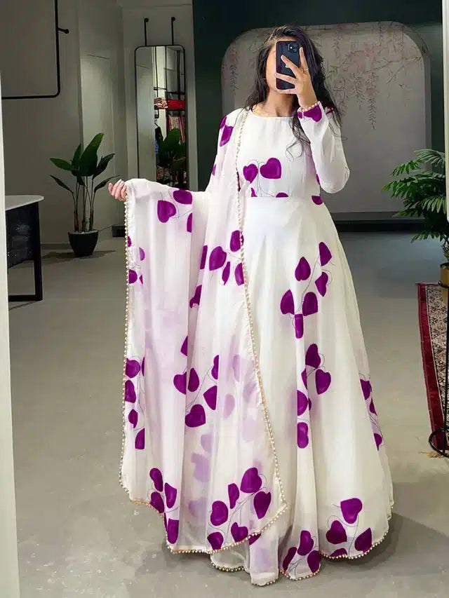 Georgette Printed Gown with Dupatta for Women (Purple & White, L)