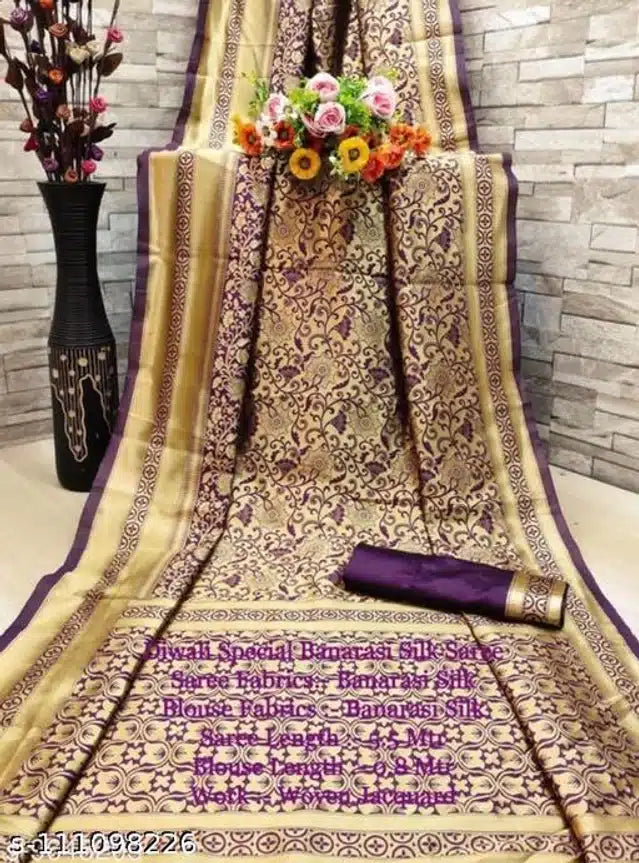 Banarasi Silk Saree With Blouse For Women (Golden & Purple, 6.3M)